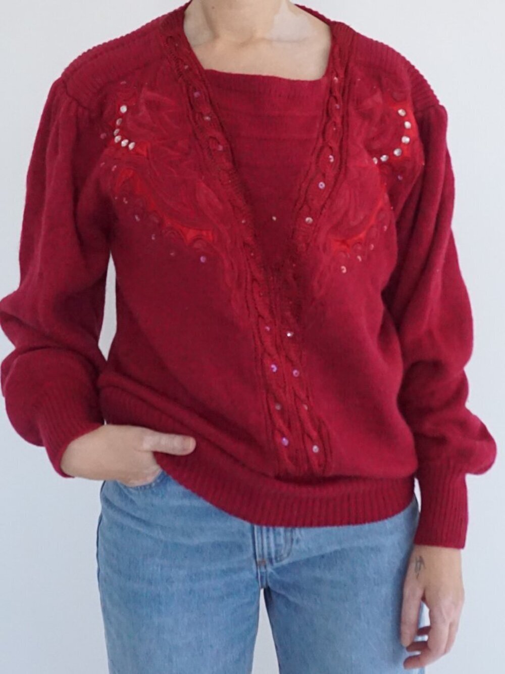 Vintage Suzelle Red Cable Knit Sequin Beaded Angora Lambswool Sweater M